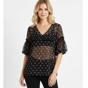 LOFT Top Black Multi Sheer Ruffle Sleeve M Boho Peasant Bell Sleeve Polka Dor